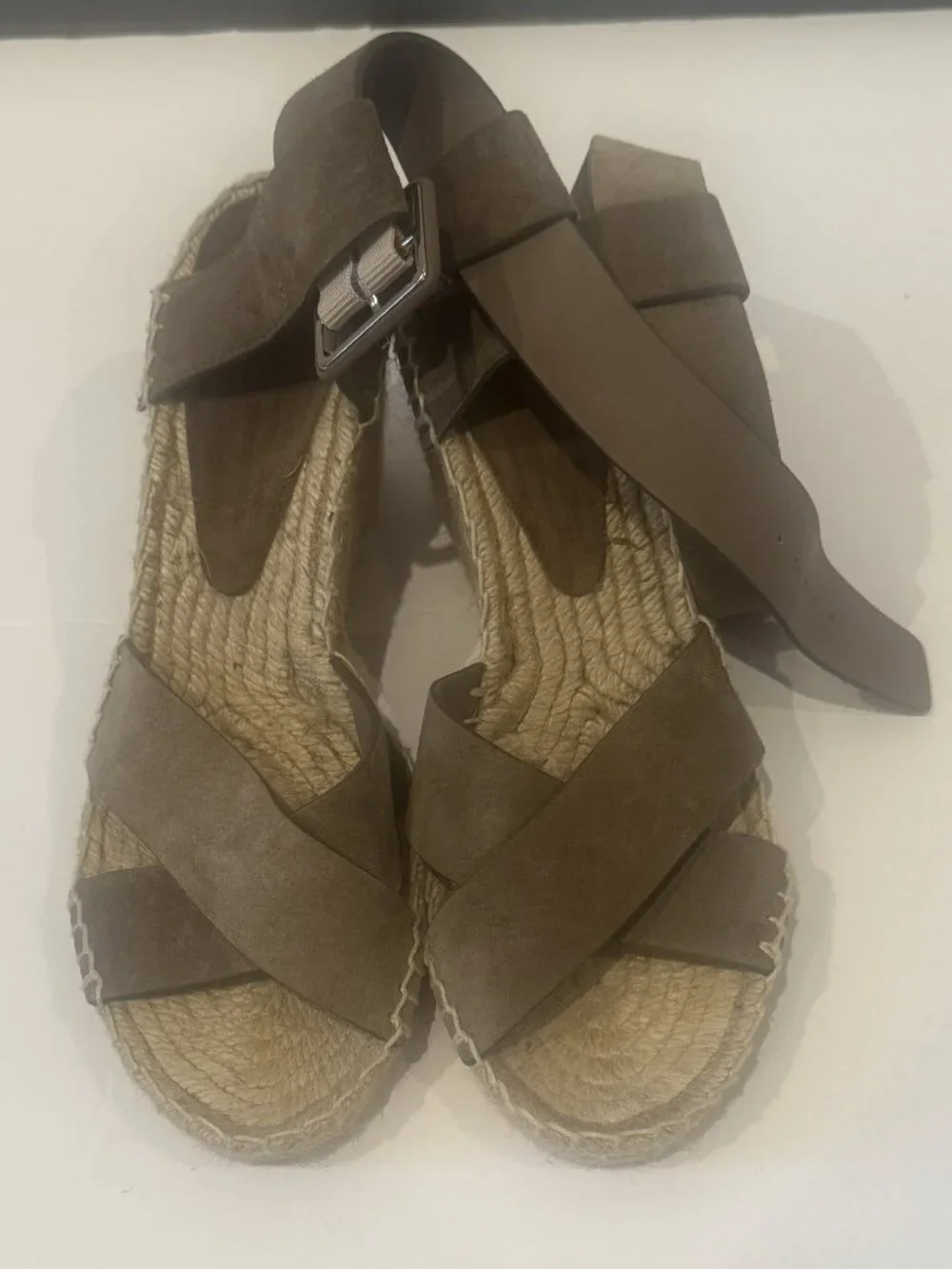VINCE Olive Taupe Suede Gwen Espadrille Wedge Sandals Ankle Strap Size 8